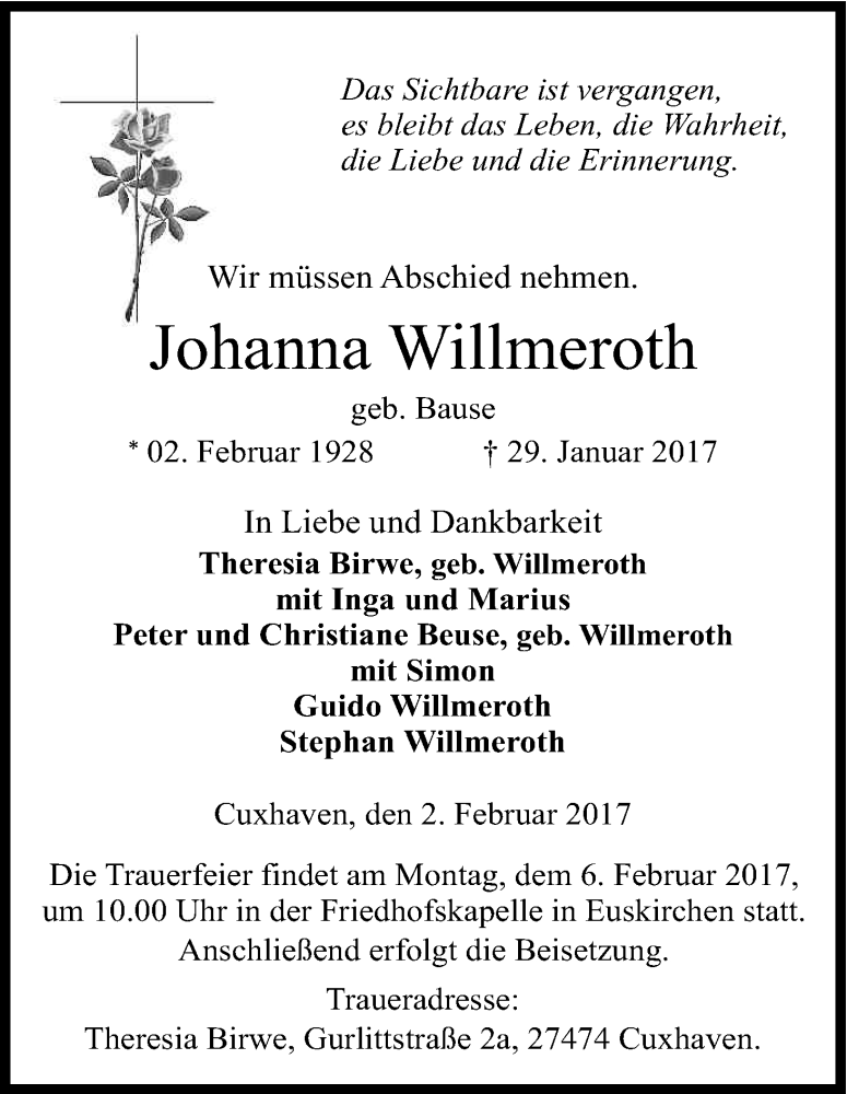  Traueranzeige für Johanna Willmeroth vom 02.02.2017 aus Kölner Stadt-Anzeiger / Kölnische Rundschau / Express