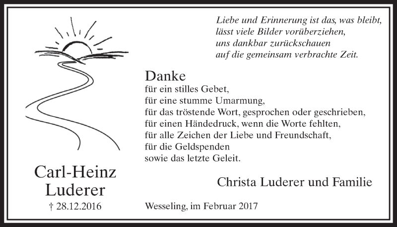  Traueranzeige für Carl-Heinz Luderer vom 15.02.2017 aus  Schlossbote/Werbekurier 