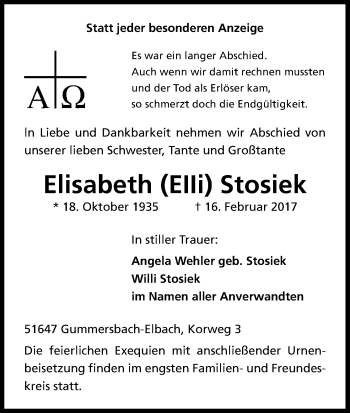 Anzeige von Elisabeth Stosiek von Kölner Stadt-Anzeiger / Kölnische Rundschau / Express