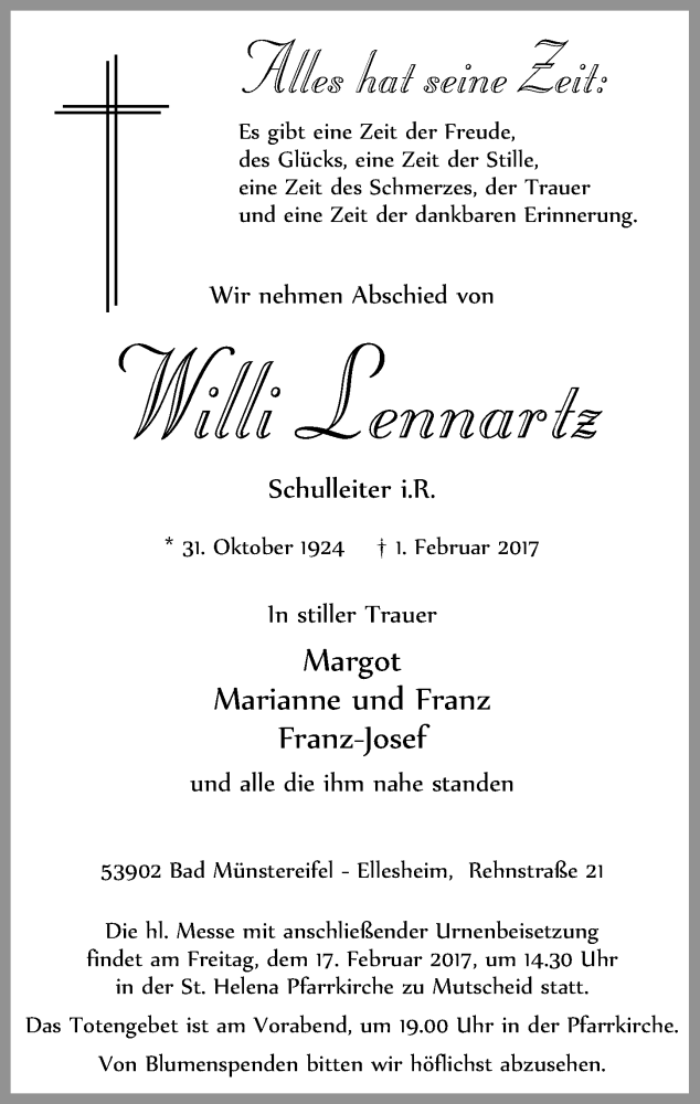  Traueranzeige für Willi Lennartz vom 11.02.2017 aus  Blickpunkt Euskirchen 