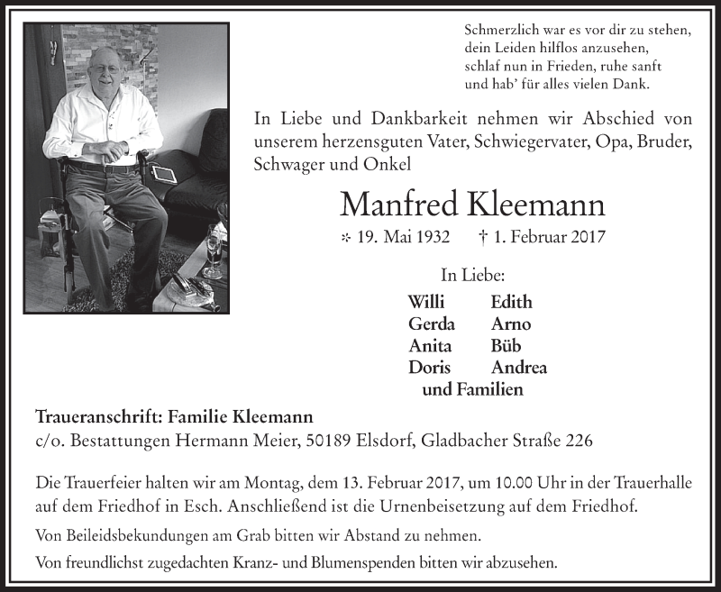  Traueranzeige für Manfred Kleemann vom 08.02.2017 aus  Werbepost 