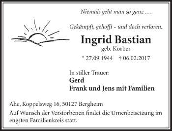 Anzeige von Ingrid Bastian von  Sonntags-Post 