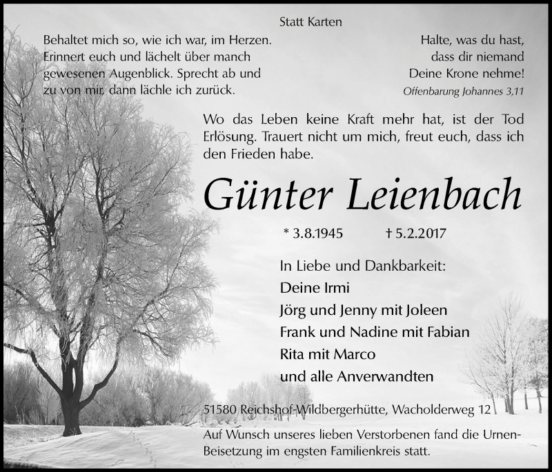  Traueranzeige für Günter Leienbach vom 15.02.2017 aus  Anzeigen Echo  Lokalanzeiger 