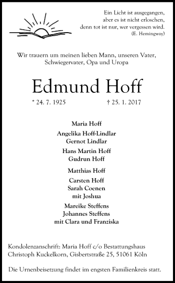 Anzeige von Edmund Hoff von Kölner Stadt-Anzeiger / Kölnische Rundschau / Express