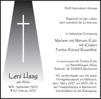 Anzeige von Leni Haag von  Blickpunkt Euskirchen 