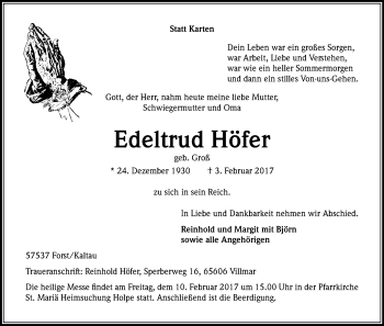 Anzeige von Edeltrud Höfer von Kölner Stadt-Anzeiger / Kölnische Rundschau / Express