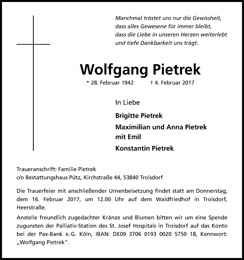  Traueranzeige für Wolfgang Pietrek vom 11.02.2017 aus Kölner Stadt-Anzeiger / Kölnische Rundschau / Express