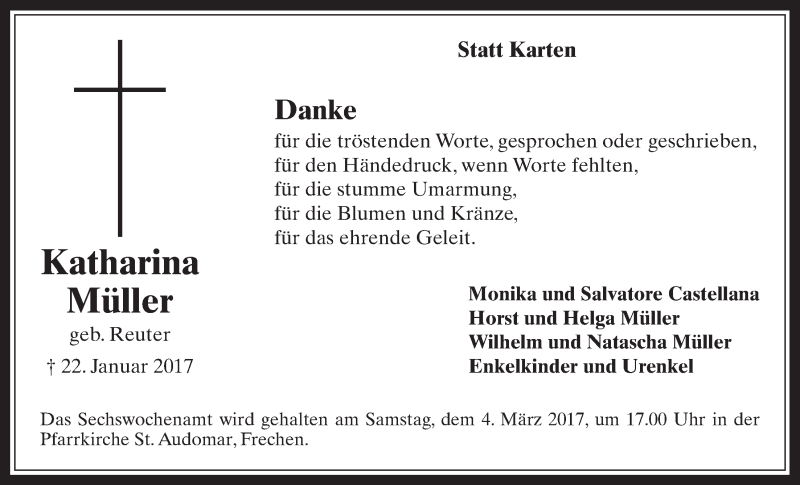  Traueranzeige für Katharina Müller vom 22.02.2017 aus  Wochenende 