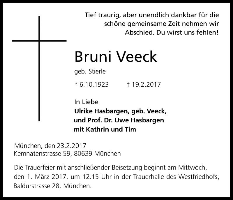  Traueranzeige für Bruni Veeck vom 25.02.2017 aus Kölner Stadt-Anzeiger / Kölnische Rundschau / Express