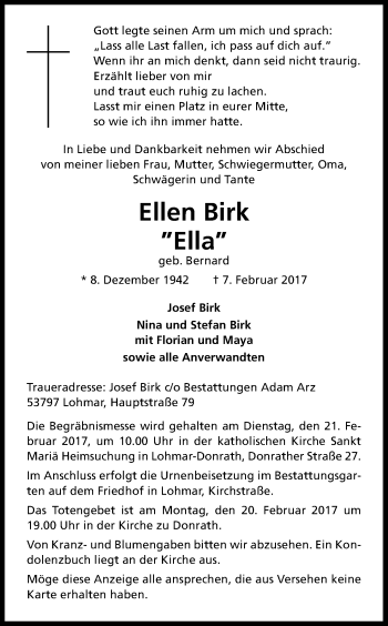 Anzeige von Ellen Birk von Kölner Stadt-Anzeiger / Kölnische Rundschau / Express