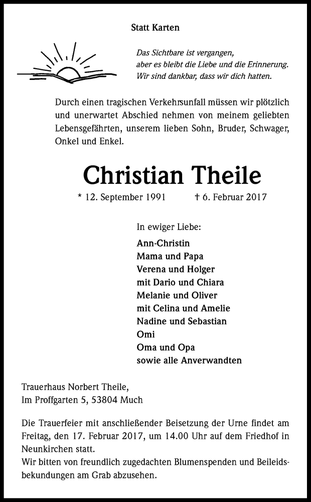  Traueranzeige für Christian Theile vom 14.02.2017 aus Kölner Stadt-Anzeiger / Kölnische Rundschau / Express