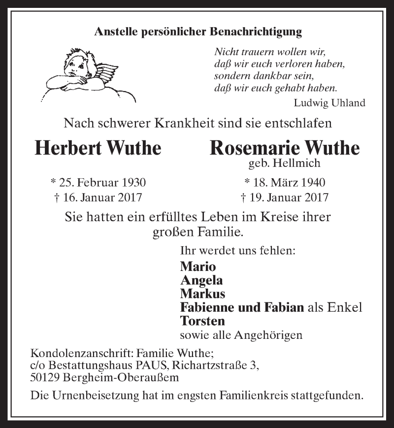  Traueranzeige für Herbert und Rosemarie Wuthe vom 08.02.2017 aus  Werbepost 