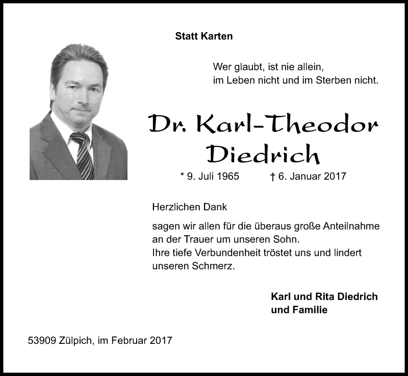  Traueranzeige für Karl-Theodor Diedrich vom 15.02.2017 aus Kölner Stadt-Anzeiger / Kölnische Rundschau / Express