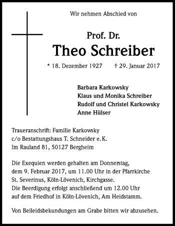 Anzeige von Theo Schreiber von Kölner Stadt-Anzeiger / Kölnische Rundschau / Express