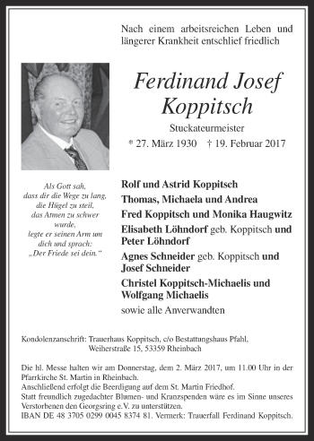 Anzeige von Ferdinand Josef Koppitsch von  Schaufenster/Blickpunkt 