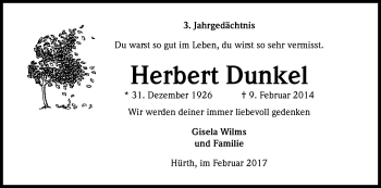 Anzeige von Herbert Dunkel von Kölner Stadt-Anzeiger / Kölnische Rundschau / Express