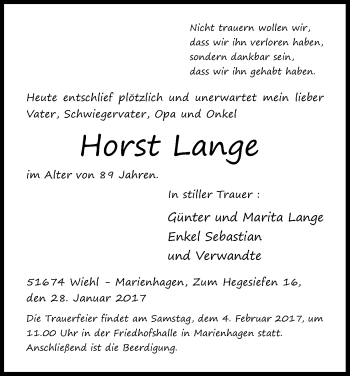 Anzeige von Horst Lange von Kölner Stadt-Anzeiger / Kölnische Rundschau / Express