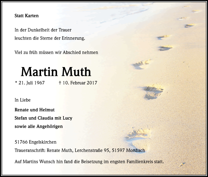  Traueranzeige für Martin Muth vom 20.02.2017 aus Kölner Stadt-Anzeiger / Kölnische Rundschau / Express