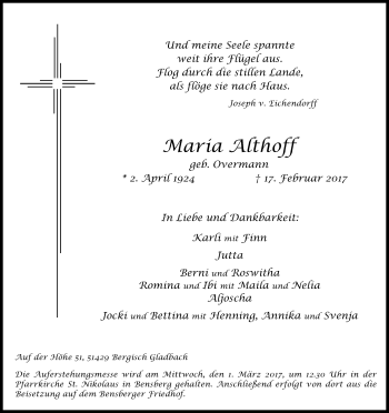 Anzeige von Maria Althoff von Kölner Stadt-Anzeiger / Kölnische Rundschau / Express