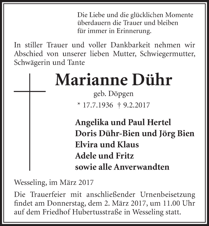  Traueranzeige für Marianne Dühr vom 01.03.2017 aus  Schlossbote/Werbekurier 