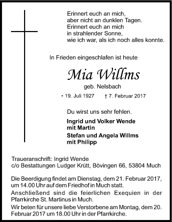 Anzeige von Mia Willms von Kölner Stadt-Anzeiger / Kölnische Rundschau / Express