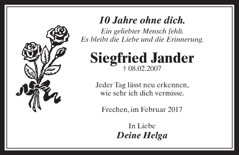  Traueranzeige für Siegfried Jander vom 08.02.2017 aus  Wochenende 