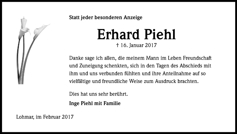  Traueranzeige für Erhard Piehl vom 25.02.2017 aus Kölner Stadt-Anzeiger / Kölnische Rundschau / Express