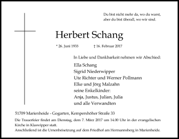 Anzeige von Herbert Schang von Kölner Stadt-Anzeiger / Kölnische Rundschau / Express