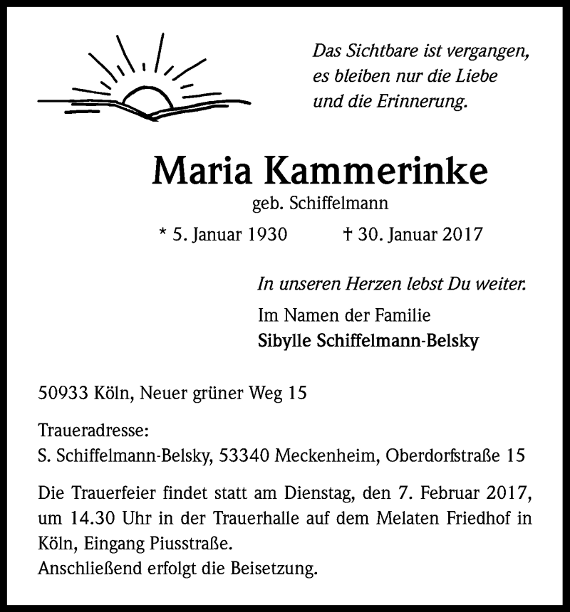  Traueranzeige für Maria Kammerinke vom 06.02.2017 aus Kölner Stadt-Anzeiger / Kölnische Rundschau / Express