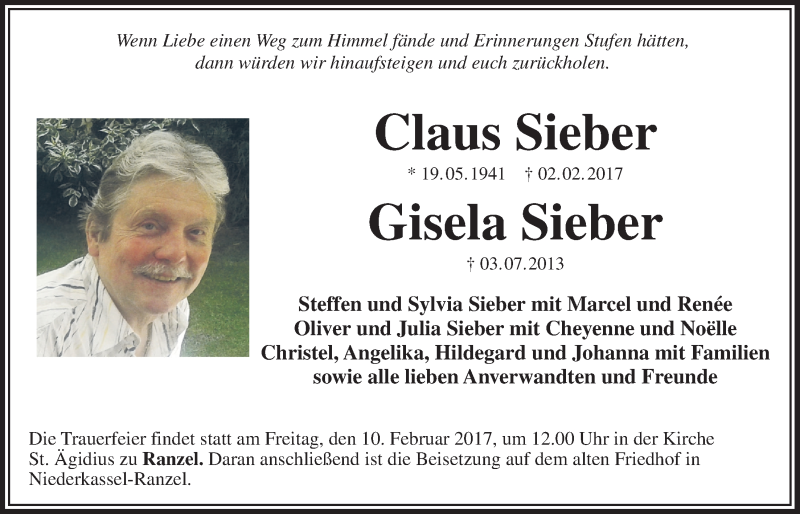  Traueranzeige für Gisela und Claus Sieber vom 08.02.2017 aus  Extra Blatt 