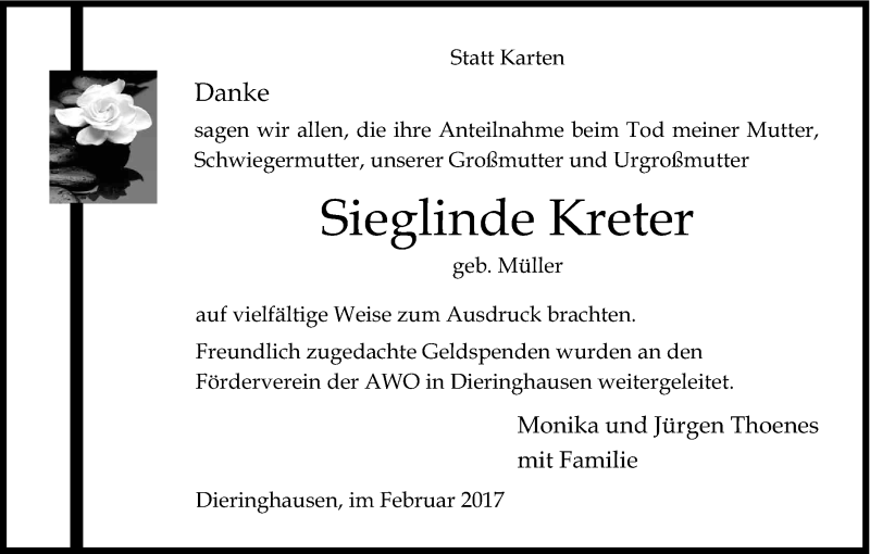  Traueranzeige für Sieglinde Kreter vom 11.02.2017 aus Kölner Stadt-Anzeiger / Kölnische Rundschau / Express