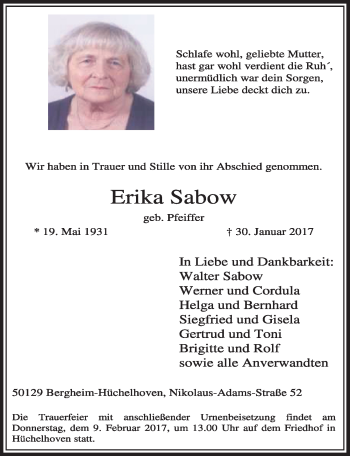 Anzeige von Erika Sabow von  Sonntags-Post 