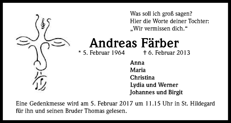  Traueranzeige für Andreas Färber vom 04.02.2017 aus Kölner Stadt-Anzeiger / Kölnische Rundschau / Express