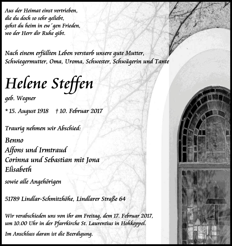  Traueranzeige für Helene Steffen vom 15.02.2017 aus Kölner Stadt-Anzeiger / Kölnische Rundschau / Express