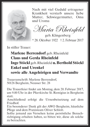 Anzeige von Maria Rheinfeld von  Werbepost 