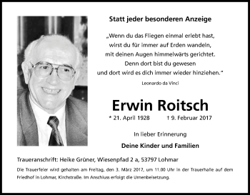 Anzeige von Erwin Roitsch von Kölner Stadt-Anzeiger / Kölnische Rundschau / Express