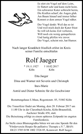 Anzeige von Rolf Jaeger von Kölner Stadt-Anzeiger / Kölnische Rundschau / Express