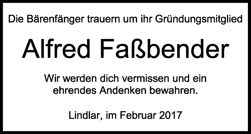  Traueranzeige für Alfred Faßbender vom 25.02.2017 aus Kölner Stadt-Anzeiger / Kölnische Rundschau / Express
