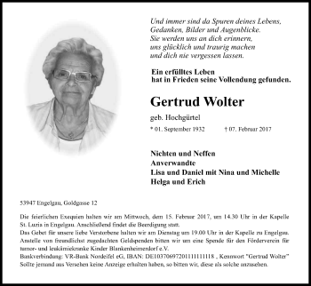 Anzeige von Gertrud Wolter von Kölner Stadt-Anzeiger / Kölnische Rundschau / Express
