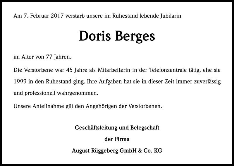  Traueranzeige für Doris Berges vom 14.02.2017 aus Kölner Stadt-Anzeiger / Kölnische Rundschau / Express