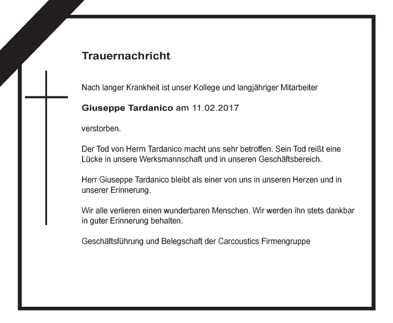  Traueranzeige für Giuseppe Tardanico vom 22.02.2017 aus  Lokale Informationen 