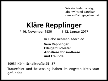 Anzeige von Kläre Repplinger von Kölner Stadt-Anzeiger / Kölnische Rundschau / Express