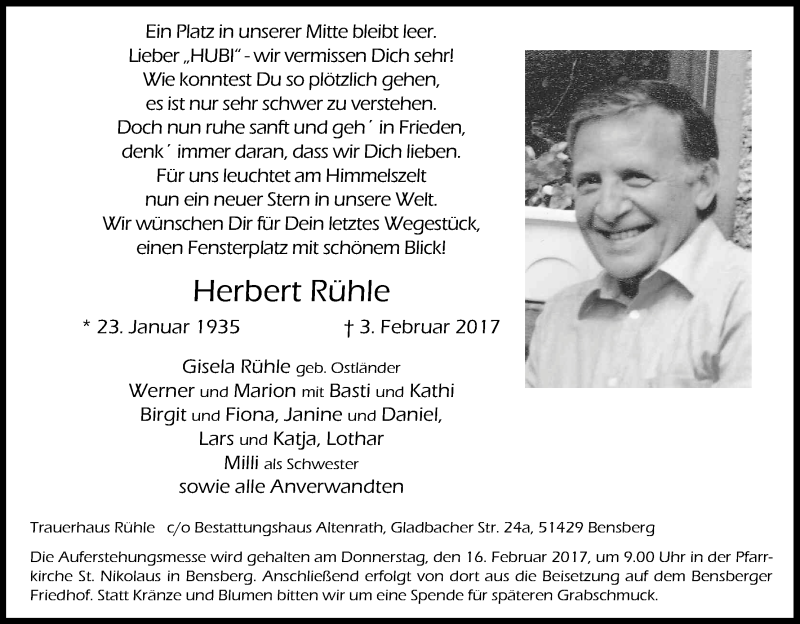  Traueranzeige für Herbert Rühle vom 11.02.2017 aus Kölner Stadt-Anzeiger / Kölnische Rundschau / Express