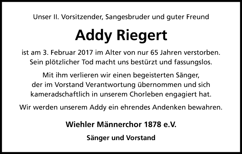  Traueranzeige für Addy Riegert vom 09.02.2017 aus Kölner Stadt-Anzeiger / Kölnische Rundschau / Express