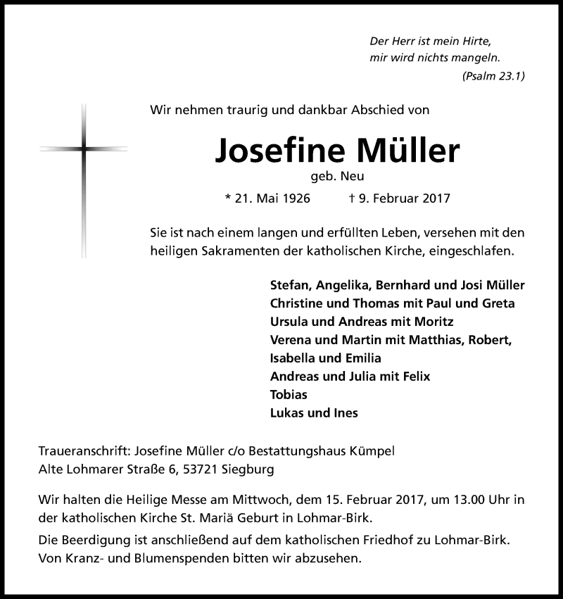  Traueranzeige für Josefine Müller vom 11.02.2017 aus Kölner Stadt-Anzeiger / Kölnische Rundschau / Express