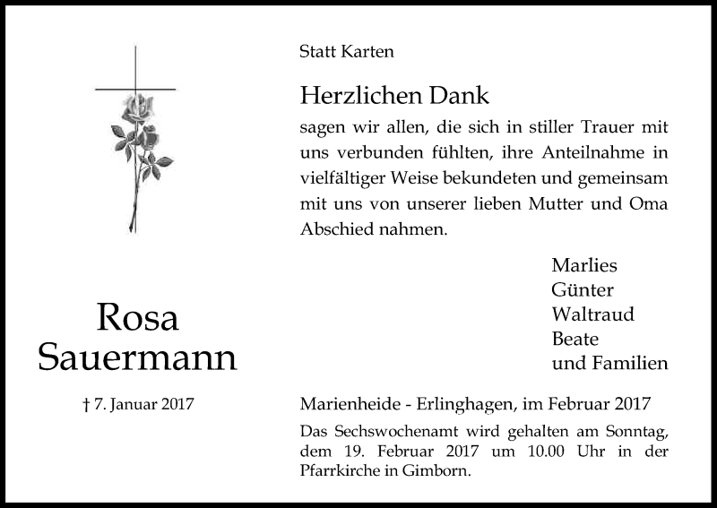 Traueranzeige für Rosa Sauermann vom 11.02.2017 aus Kölner Stadt-Anzeiger / Kölnische Rundschau / Express