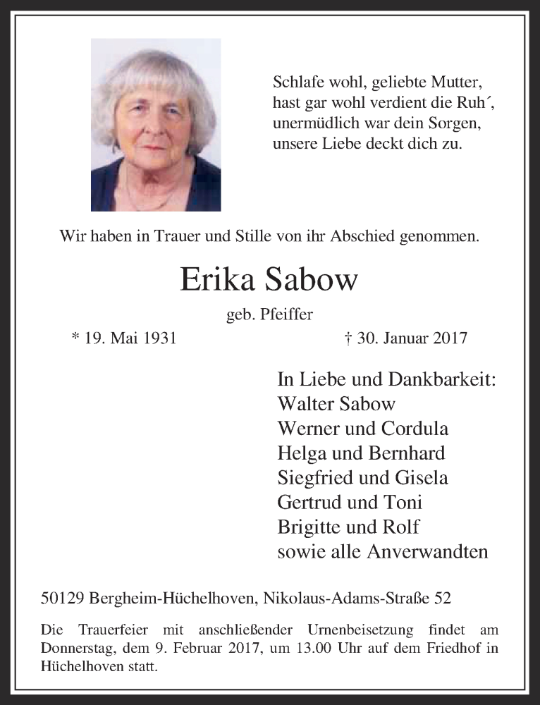  Traueranzeige für Erika Sabow vom 08.02.2017 aus  Werbepost 