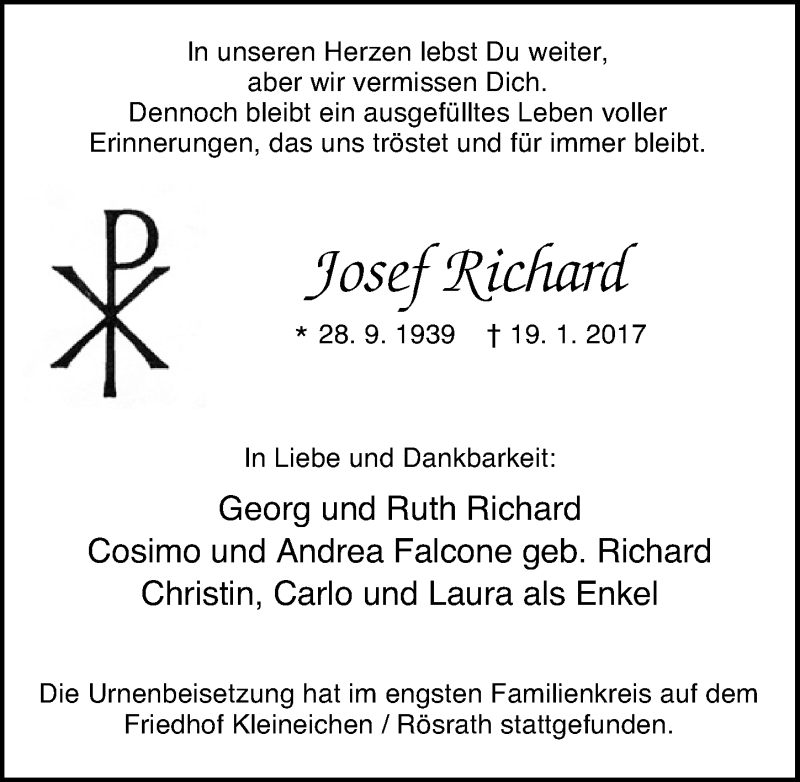  Traueranzeige für Josef Richard vom 15.02.2017 aus  Kölner Wochenspiegel 