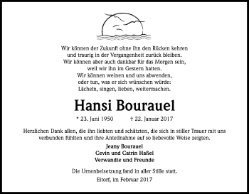 Anzeige von Hansi Bourauel von Kölner Stadt-Anzeiger / Kölnische Rundschau / Express
