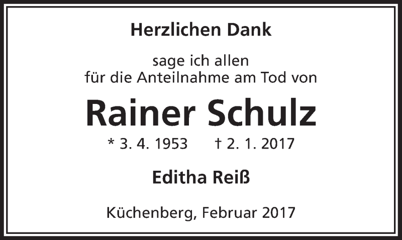  Traueranzeige für Rainer Schulz vom 22.02.2017 aus  Bergisches Handelsblatt 